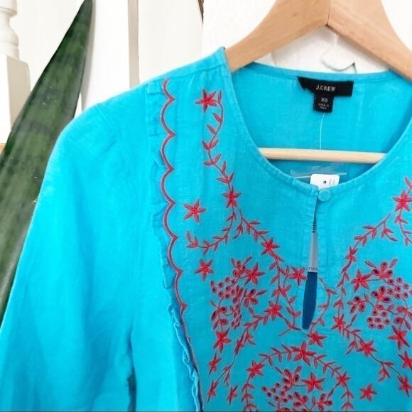 J.Crew Turquoise & Red Embroidered Linen Tunic Size XS - Picture 3 of 10